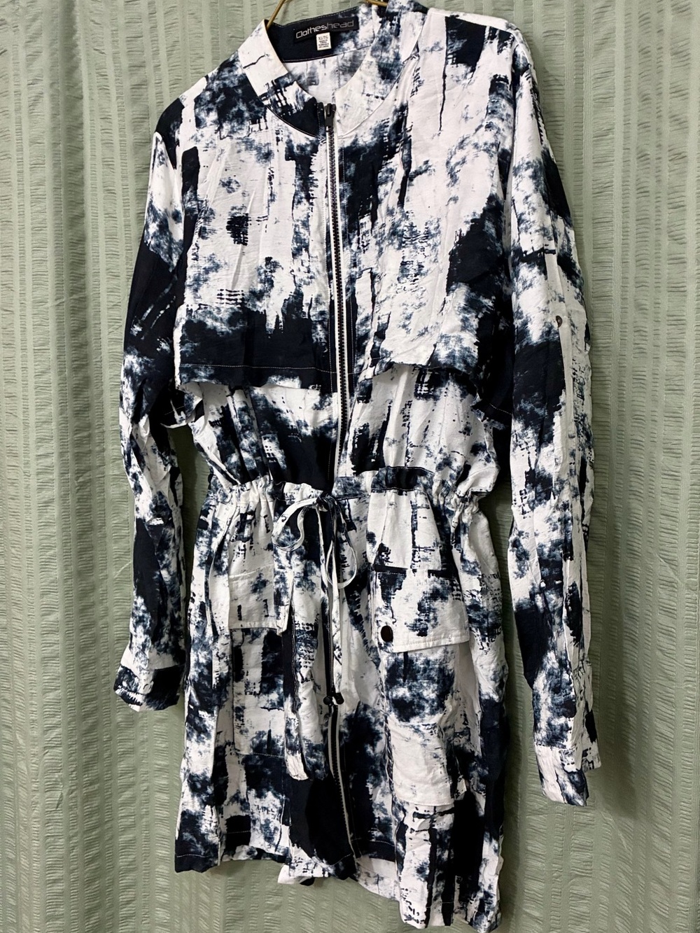 Navy and White Tie-Waist Zip Up Utility Jacket